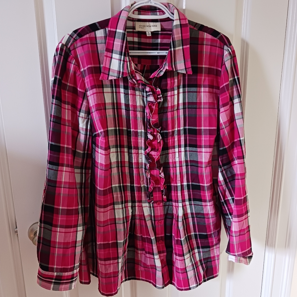 Ruffled Collared Plaid Shirt
